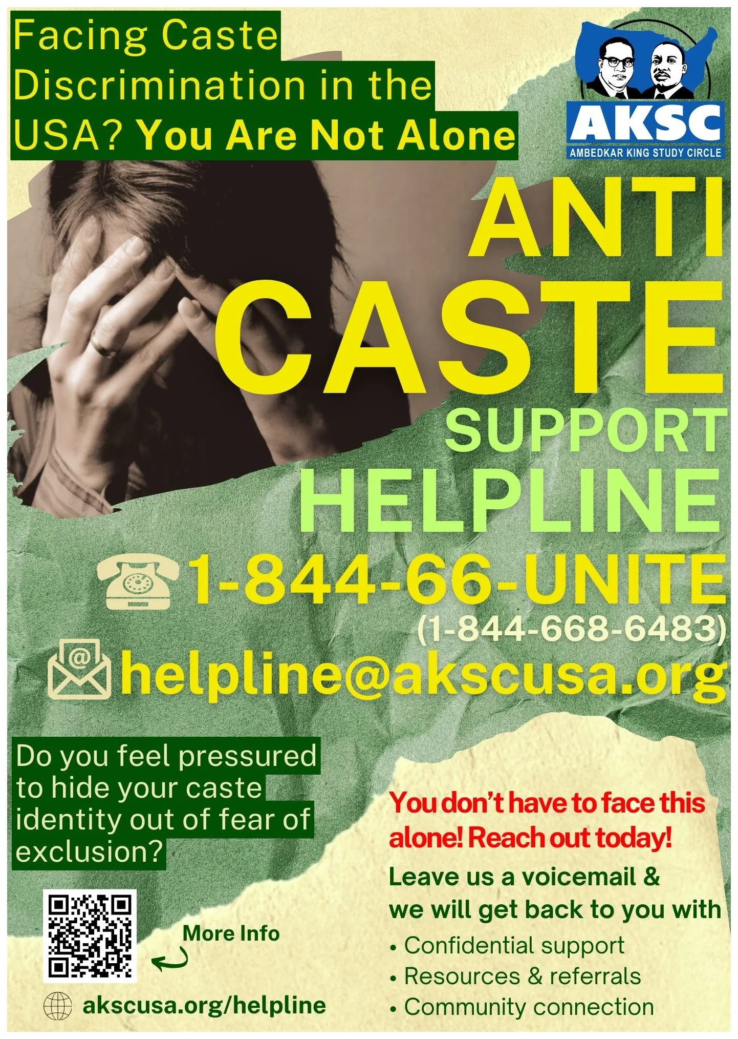 Poster promoting the anti-caste support helpline, with contact details and confidential support, resources, referrals, and community connection.