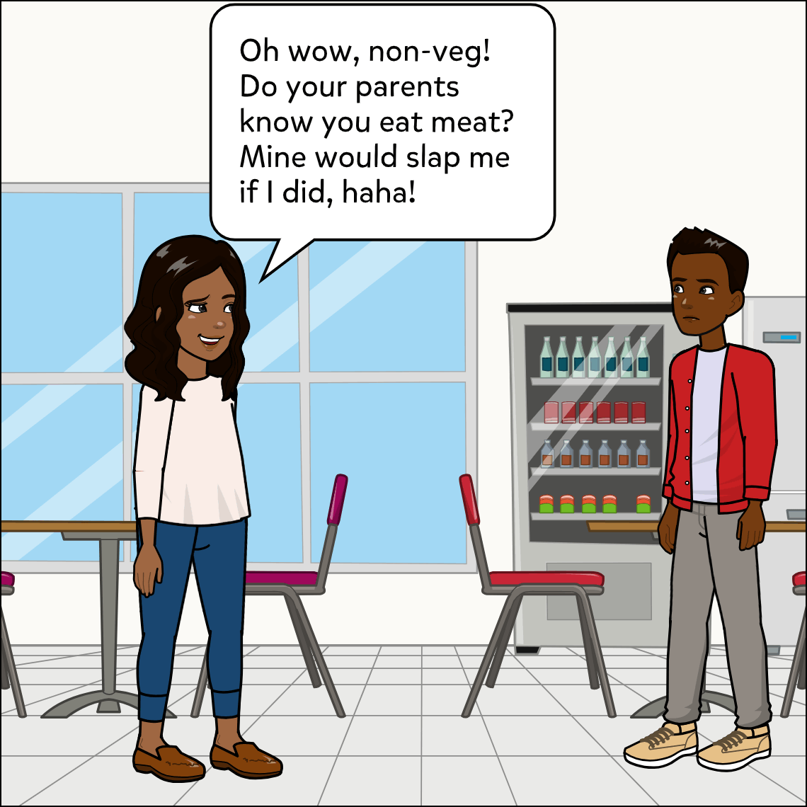The same cafeteria; the woman grins toward the man in the red jacket, who has turned to face her with a flat, uncomfortable expression.