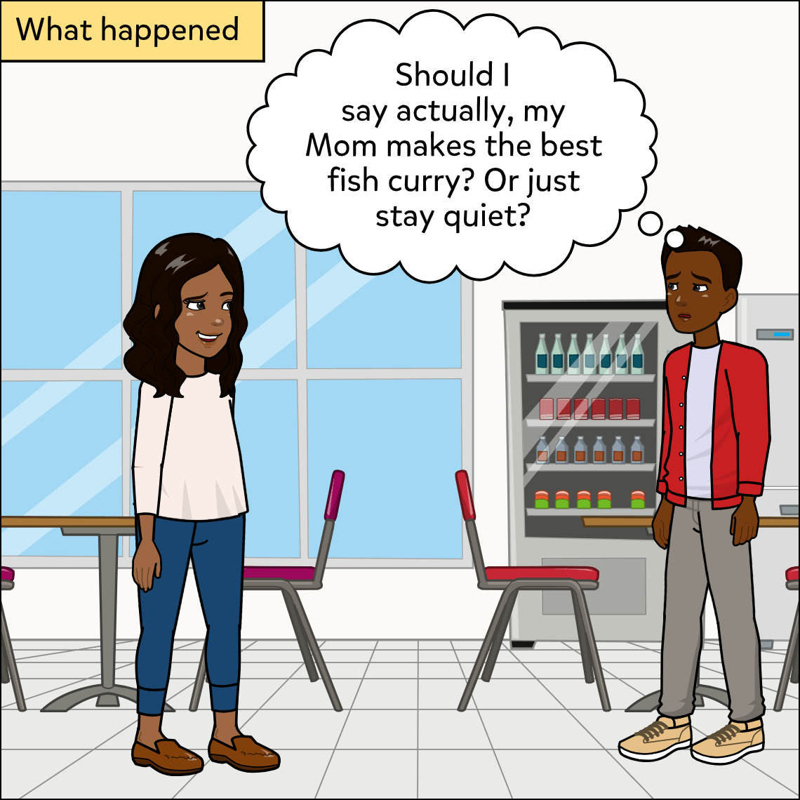 The same cafeteria with a yellow label in the top-left corner; the woman continues smiling while the man in the red jacket stands still with a worried look, a thought bubble rising above his head.