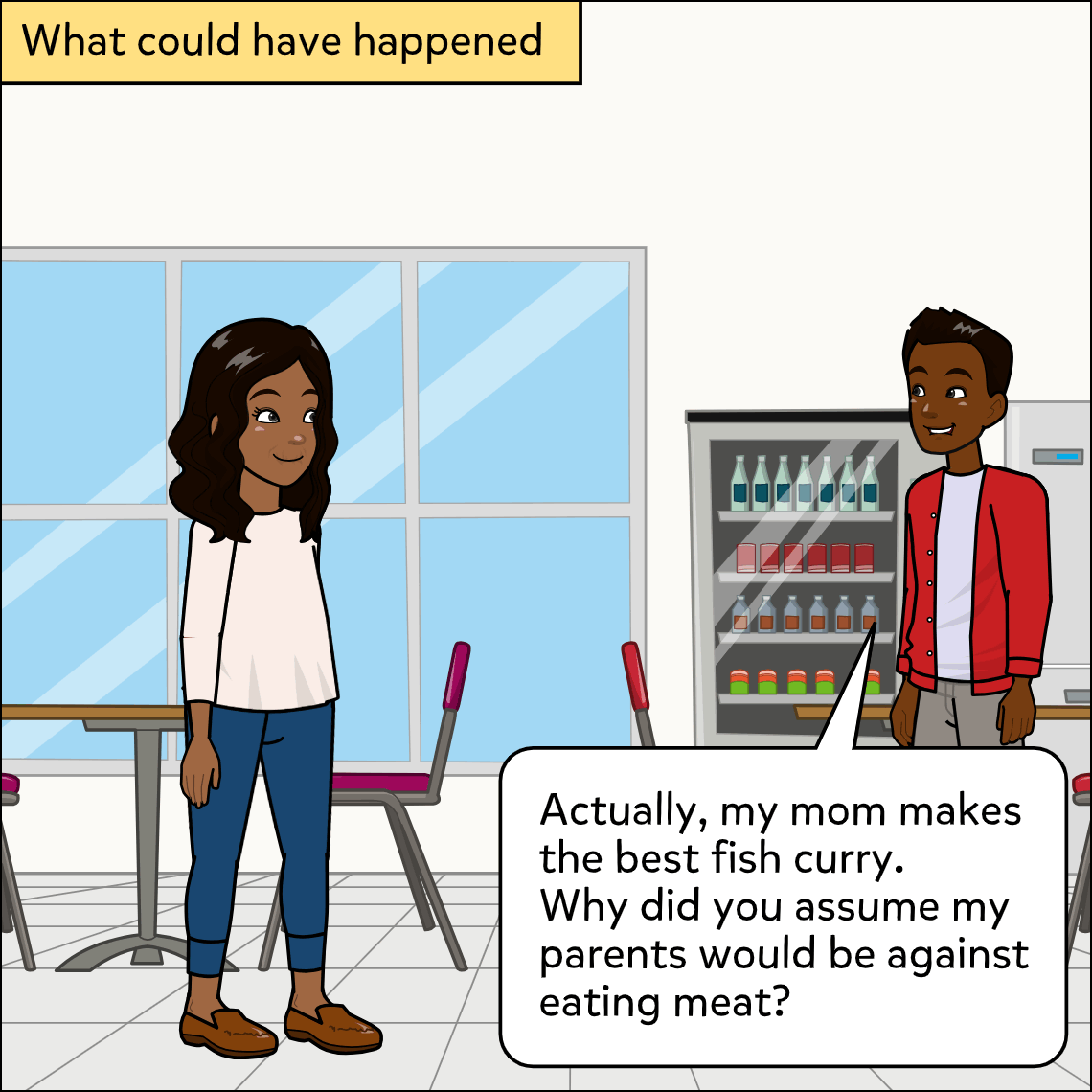 The same cafeteria with a yellow label in the top-left corner; the man in the red jacket speaks toward the woman, who looks back at him with a neutral expression.