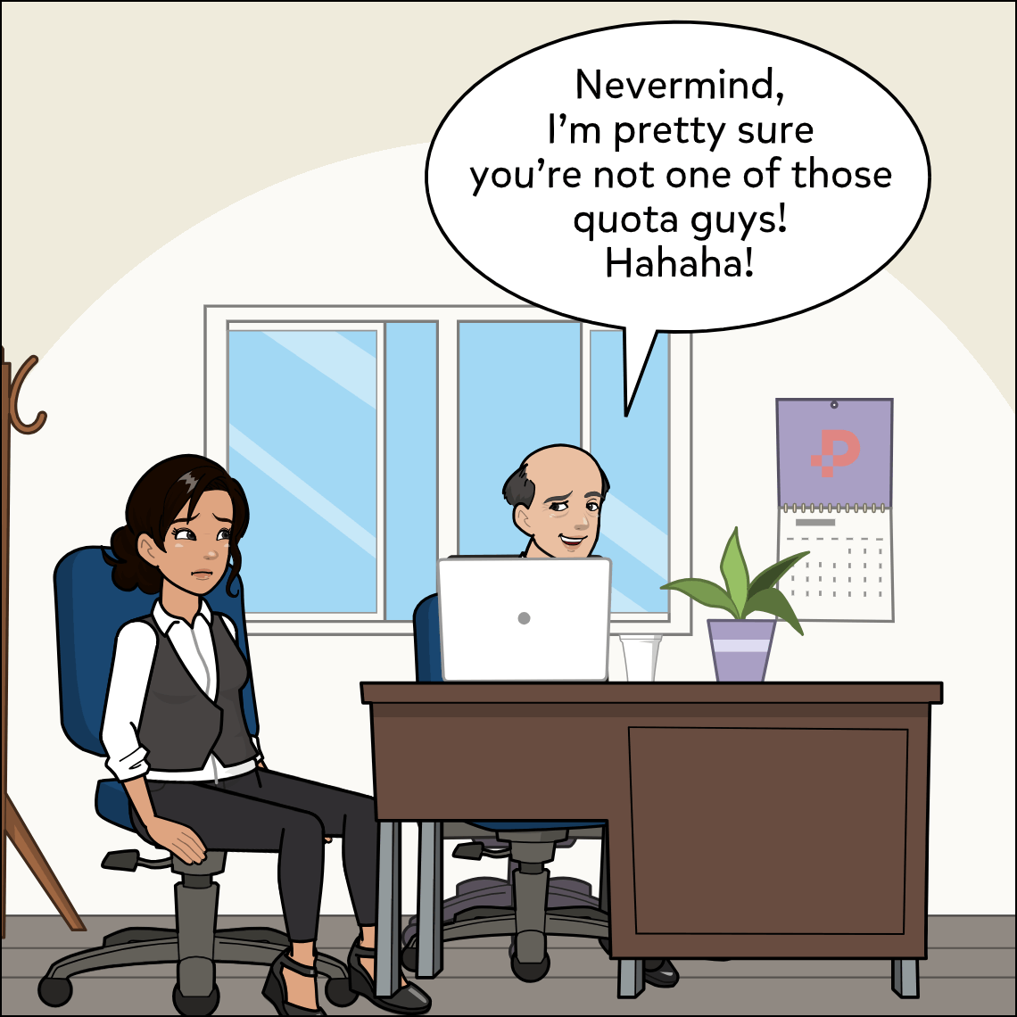 The same interview room; the interviewer smiles across the desk while the woman sits stiffly with a tense, averted expression.
