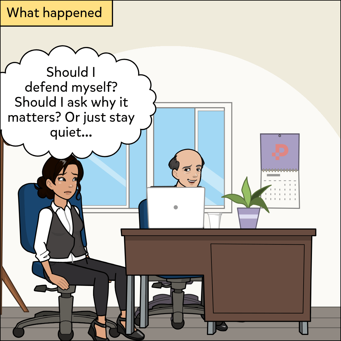 The same interview room with a yellow label in the top-left corner; the woman interviewee sits with a guarded expression as a thought bubble rises from her head, while the interviewer watches from behind the desk.