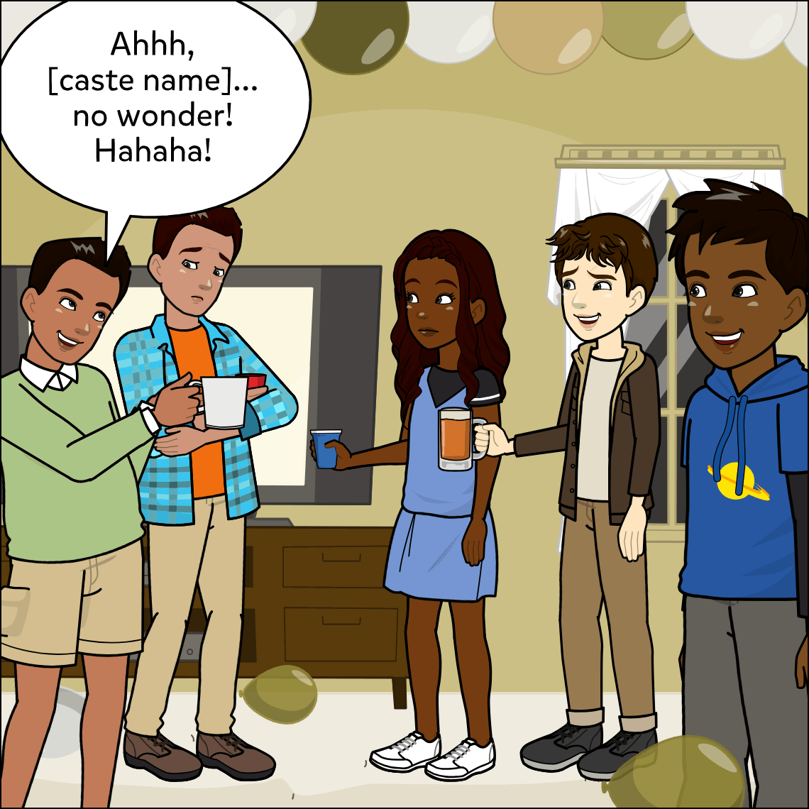 The same party scene; the man in a green sweater on the far left laughs openly while the man in a blue plaid shirt next to him looks uncomfortable and downcast.