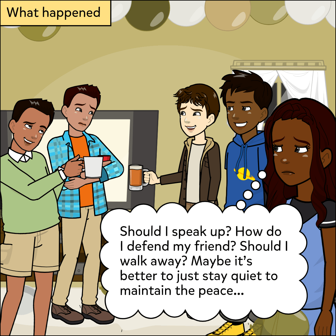 The same party with a yellow label in the top-left corner; the four men stand on the left side of the frame while the woman in a blue outfit stands apart on the far right with a worried expression, a thought bubble rising from her.
