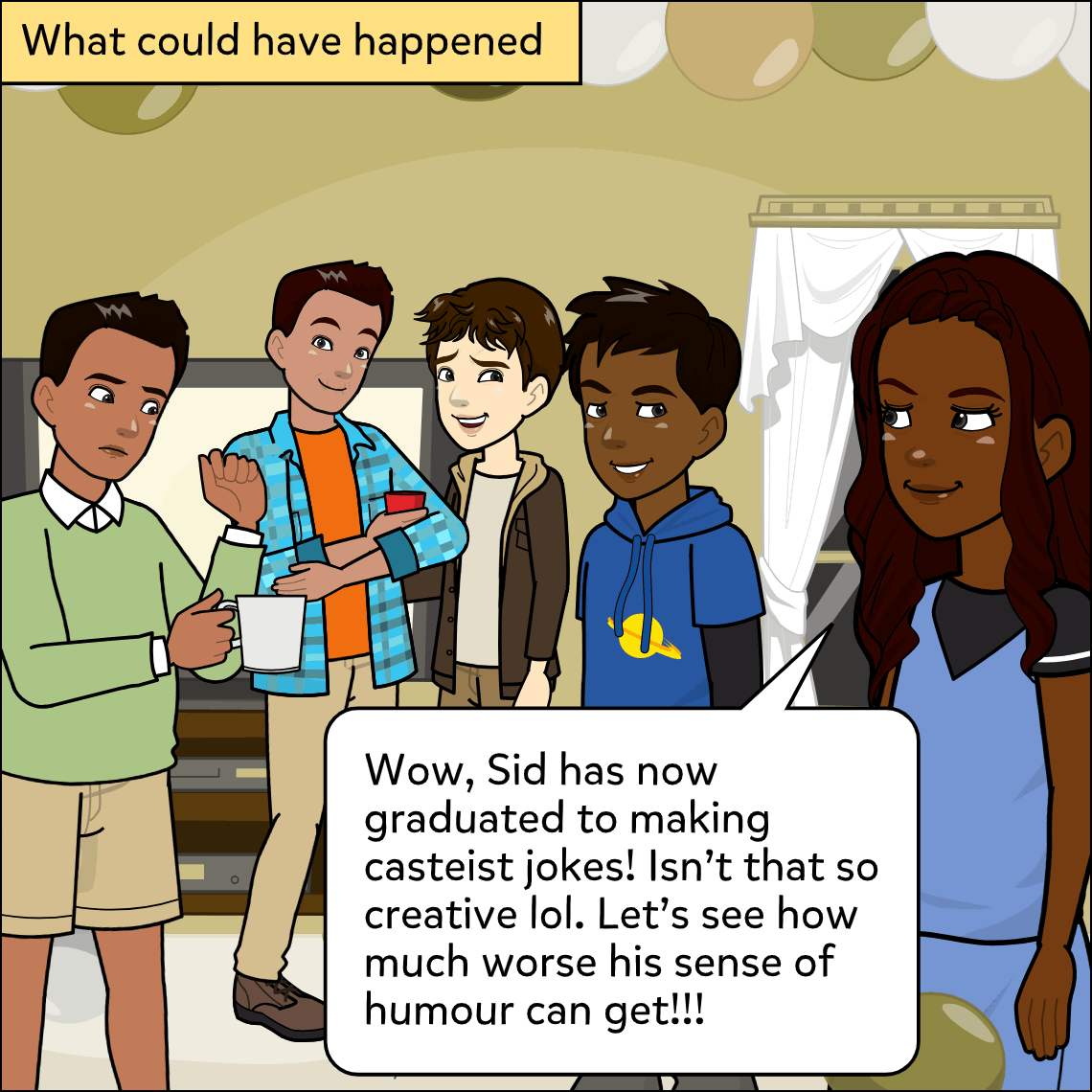 The same party with a yellow label in the top-left corner; the woman on the far right speaks with a steady, composed expression while the man in the green sweater on the far left looks visibly awkward.