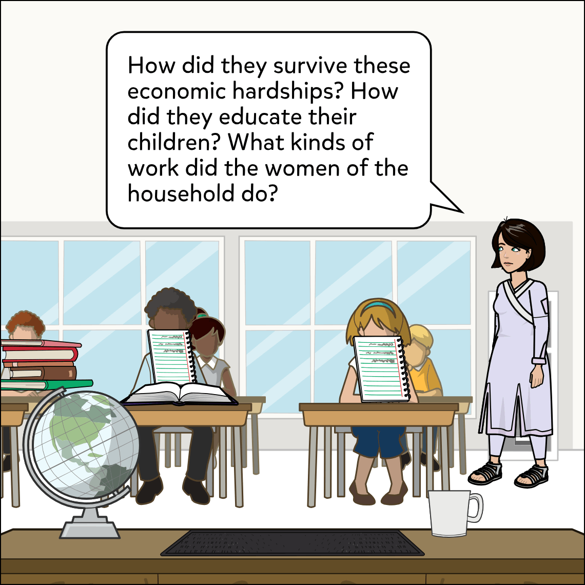 The same classroom. Ms Meghna continues speaking from the right; the three students are still visible at their desks with the globe in the foreground.