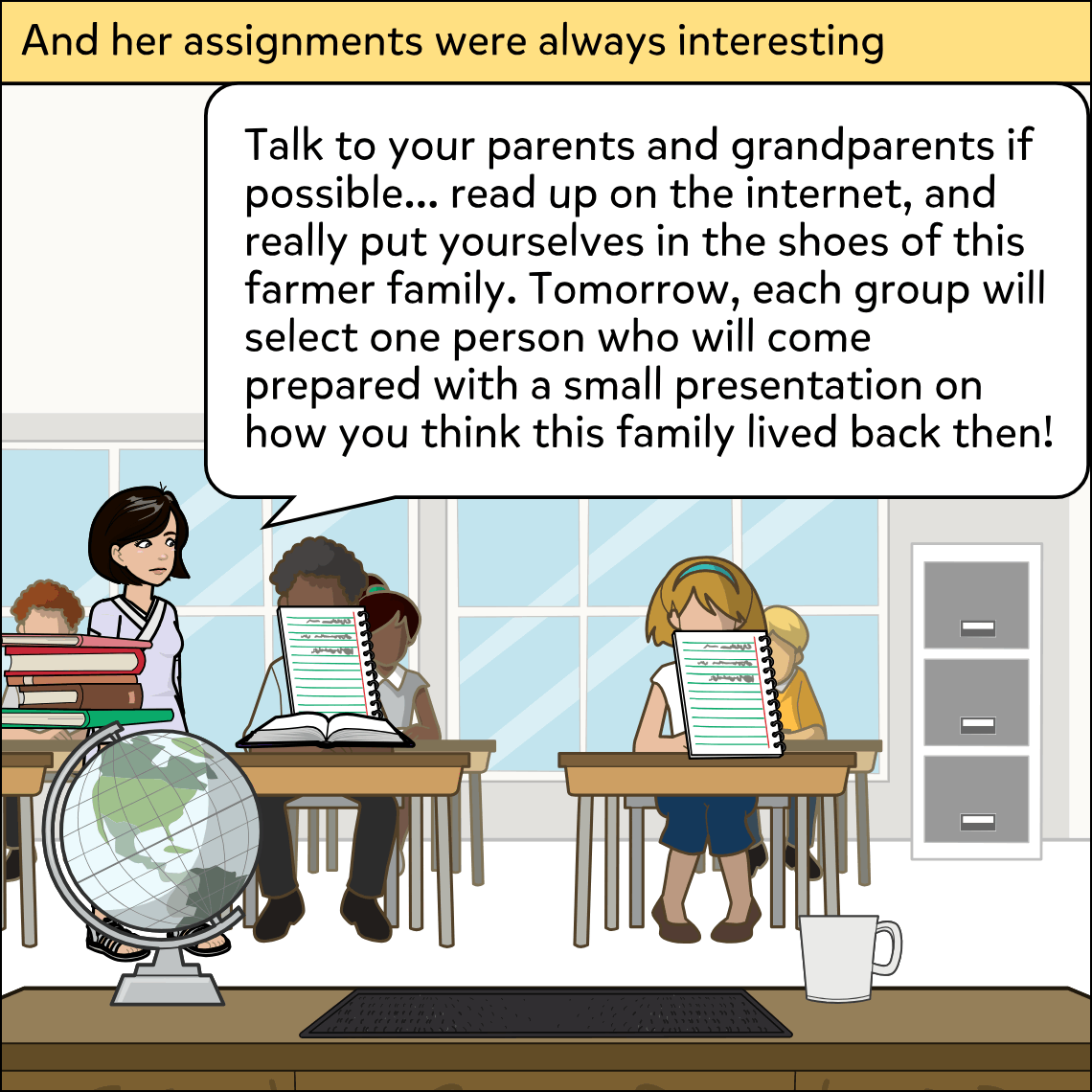 The classroom again. Ms Meghna has moved closer to the students' desks and speaks with a forward lean; a filing cabinet is visible on the right. A narration banner runs across the top.