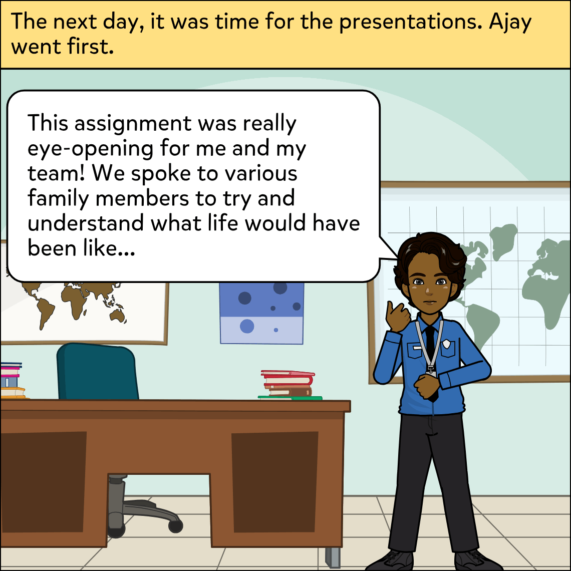 The classroom the next day. Ajay, a teenage boy with curly dark hair, blue school shirt, tie and lanyard, stands at the front near a world-map board, one hand raised, addressing the class. A narration banner runs across the top.