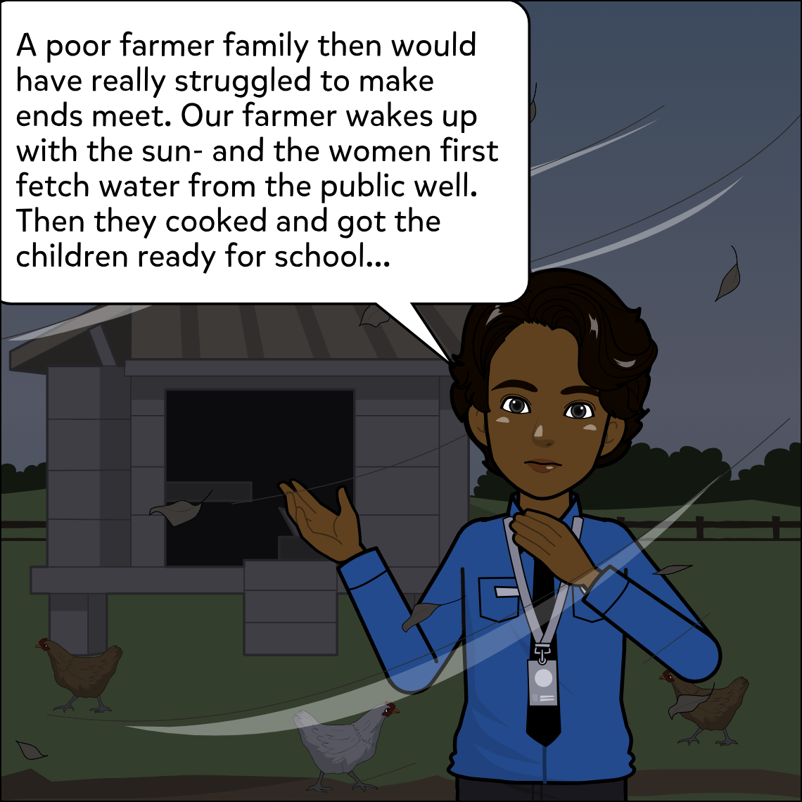 Ajay stands before a dark, stormy farm backdrop with a chicken coop and chickens in the foreground, one hand open in explanation and the other at his chest, expression earnest.