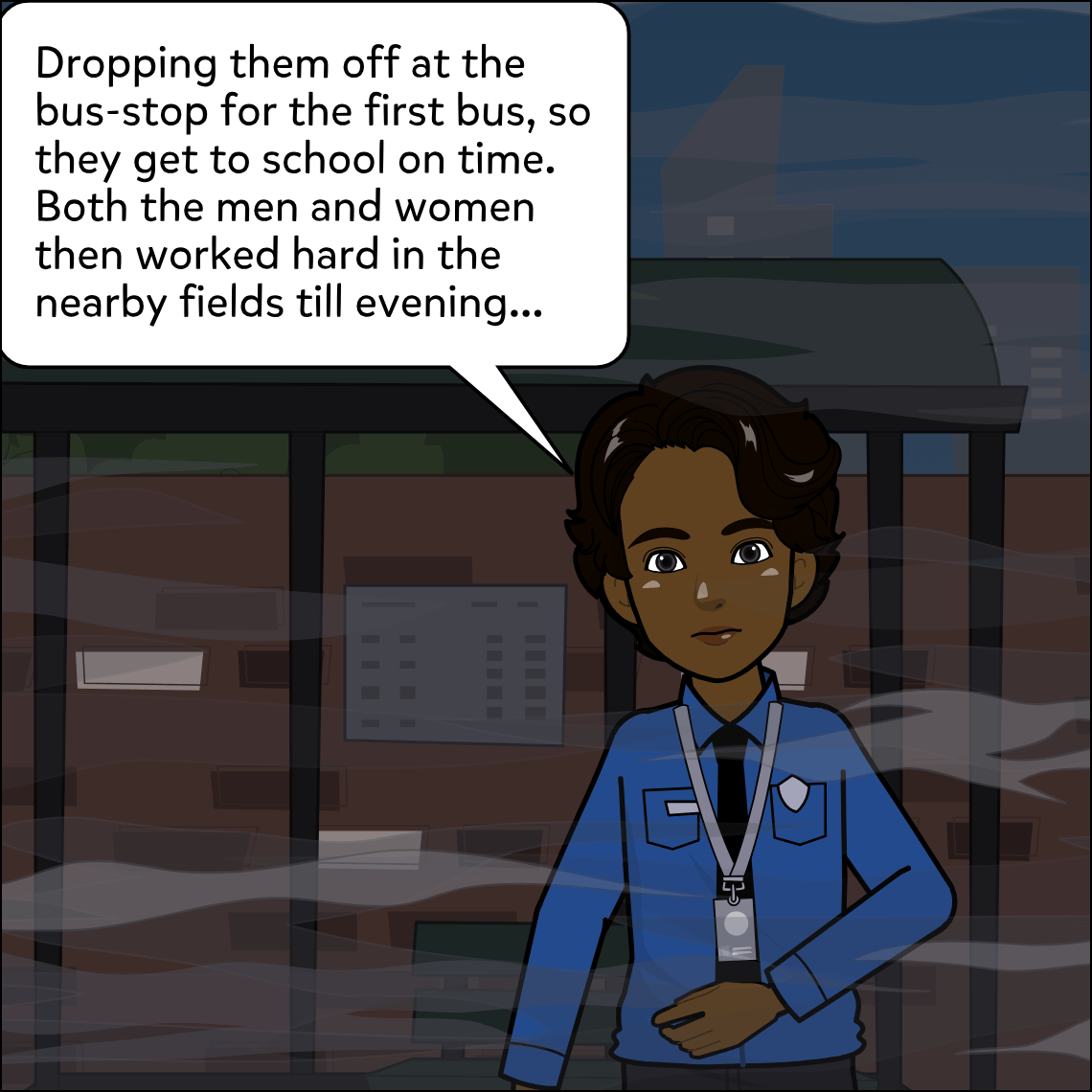 Ajay stands in a dark early-morning scene outside a bus shelter, arms at his sides and slightly crossed, expression calm and explanatory.