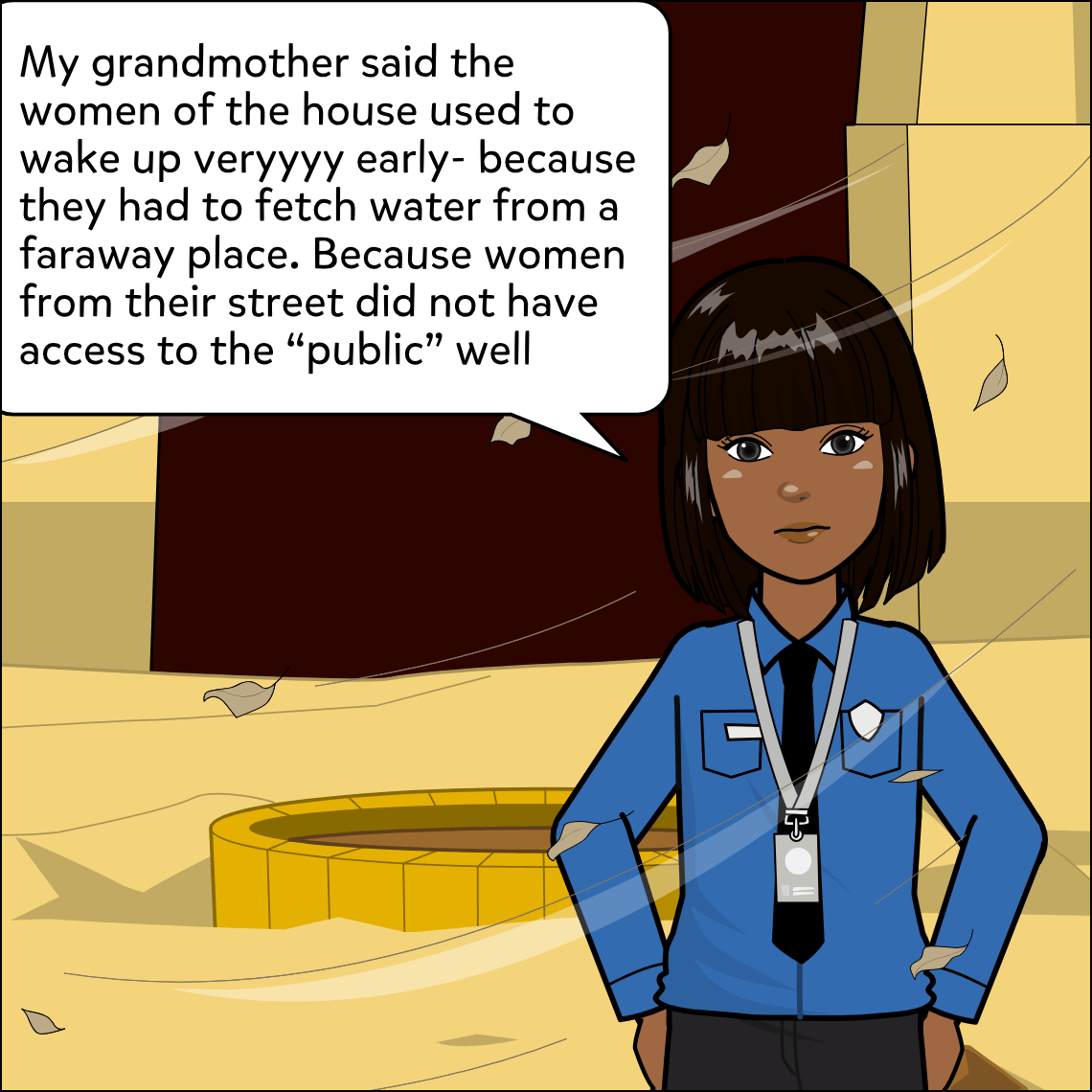 Mughil stands in a sun-scorched sandy landscape; behind her a low circular brick well sits in dry earth amid windswept leaves, with a dark wall looming in the background. Her hands are on her hips, expression firm.