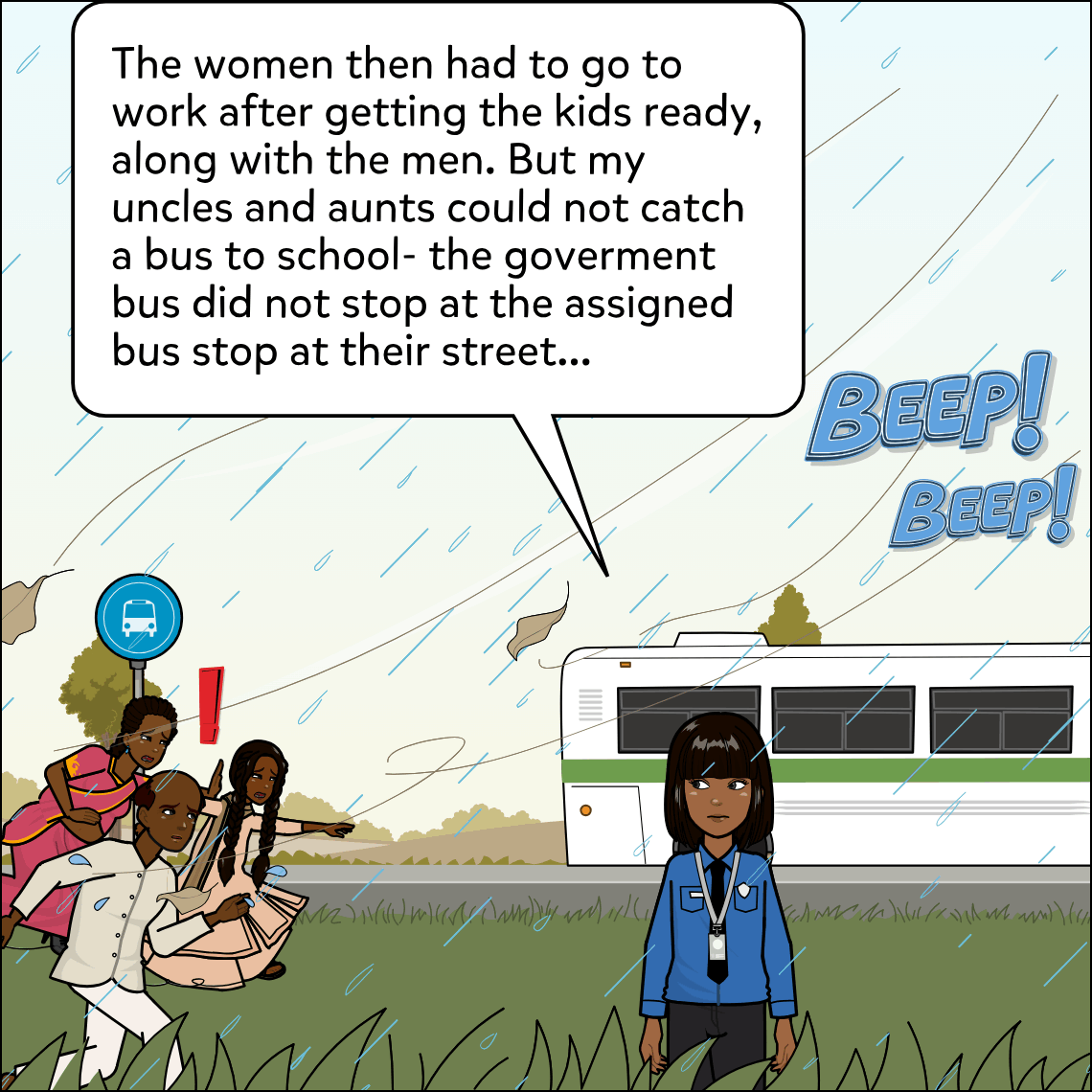 A rainy outdoor scene. In the background, a woman in a sari and a boy and girl in school uniform huddle at a bus-stop sign, a red exclamation mark above them, as a bus speeds past without stopping. Mughil stands in the foreground watching, her expression sad and resolute. Sound-effect lettering reading "BEEP! BEEP!" appears on the right.