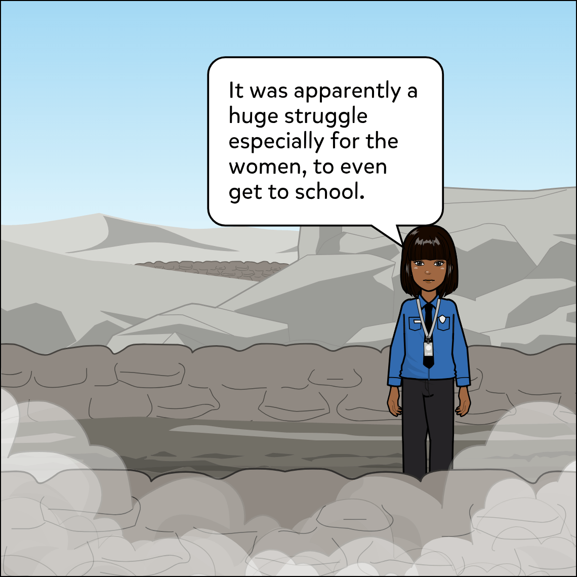 Mughil stands alone on a barren, grey rocky plateau under a pale blue sky, arms at her sides, looking down with a sombre expression.