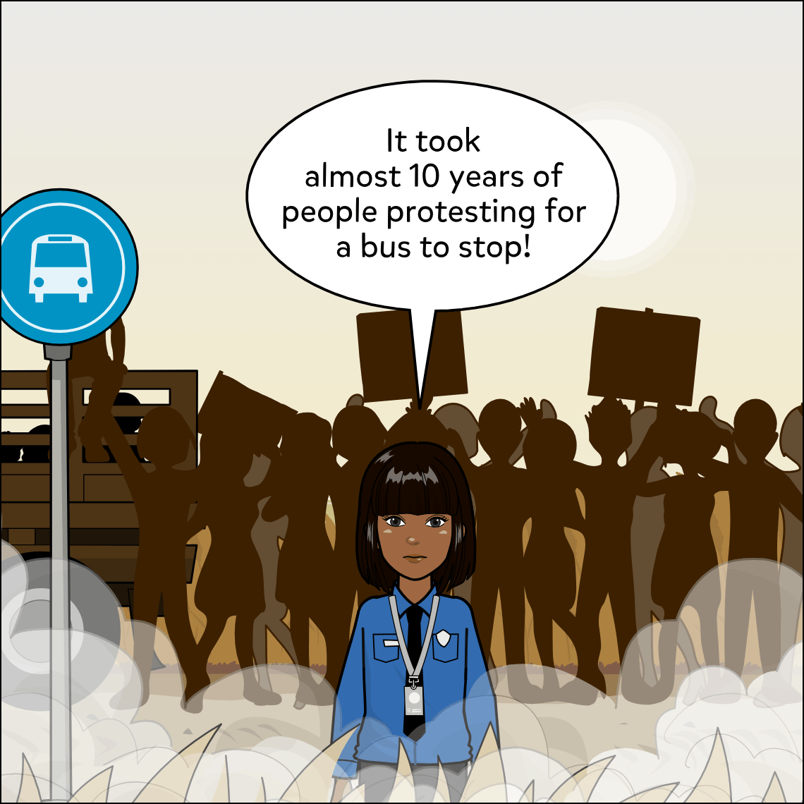 Mughil stands in the foreground facing outward, expression steady, while a large crowd of dark silhouetted figures holding placards fills the background beside a bus-stop sign.