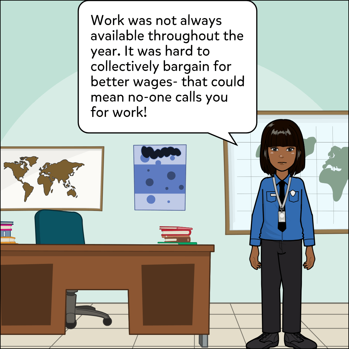 Back in the classroom, Mughil stands at the front near the world-map board, arms at her sides, expression subdued as she continues her presentation.