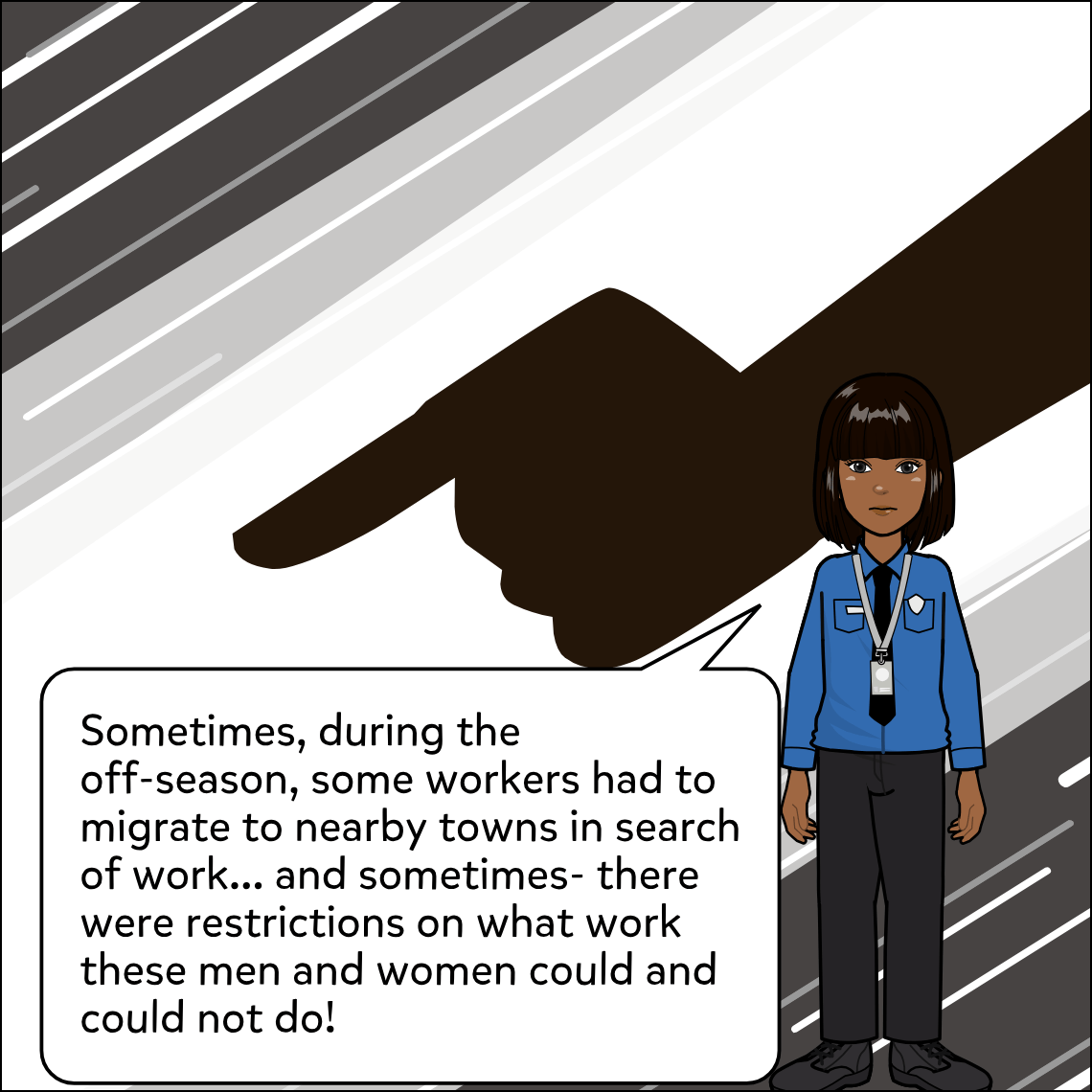 A stark graphic panel. A huge dark silhouetted hand points accusingly from the upper-left, its arm casting a shadow across a white background filled with speed lines. Mughil stands to the right of the pointing hand, arms at her sides, expression grave.