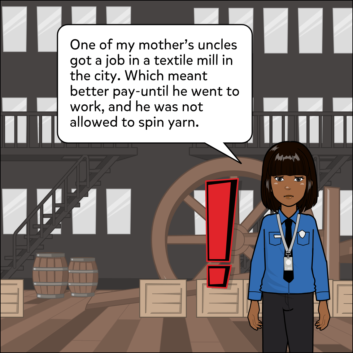 Mughil stands inside a dark industrial textile mill; iron staircases and a large wooden drive-wheel are visible behind her. A bold red exclamation mark stands between her and the machinery. Her expression is troubled.