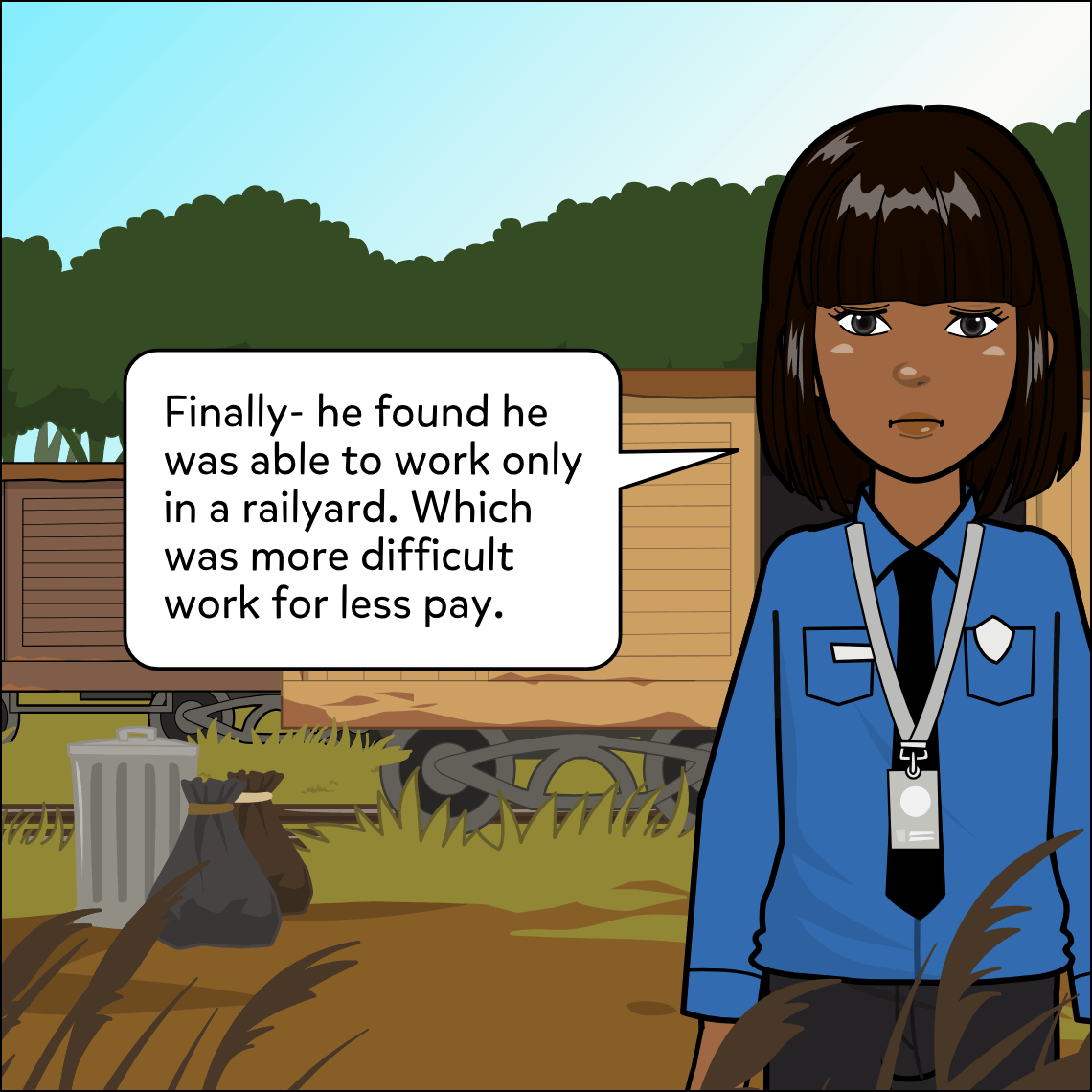 Mughil, in a blue uniform and lanyard, stands before a railyard scene with freight cars, a rubbish bin and black bin bags in the background, her expression somber as she narrates.