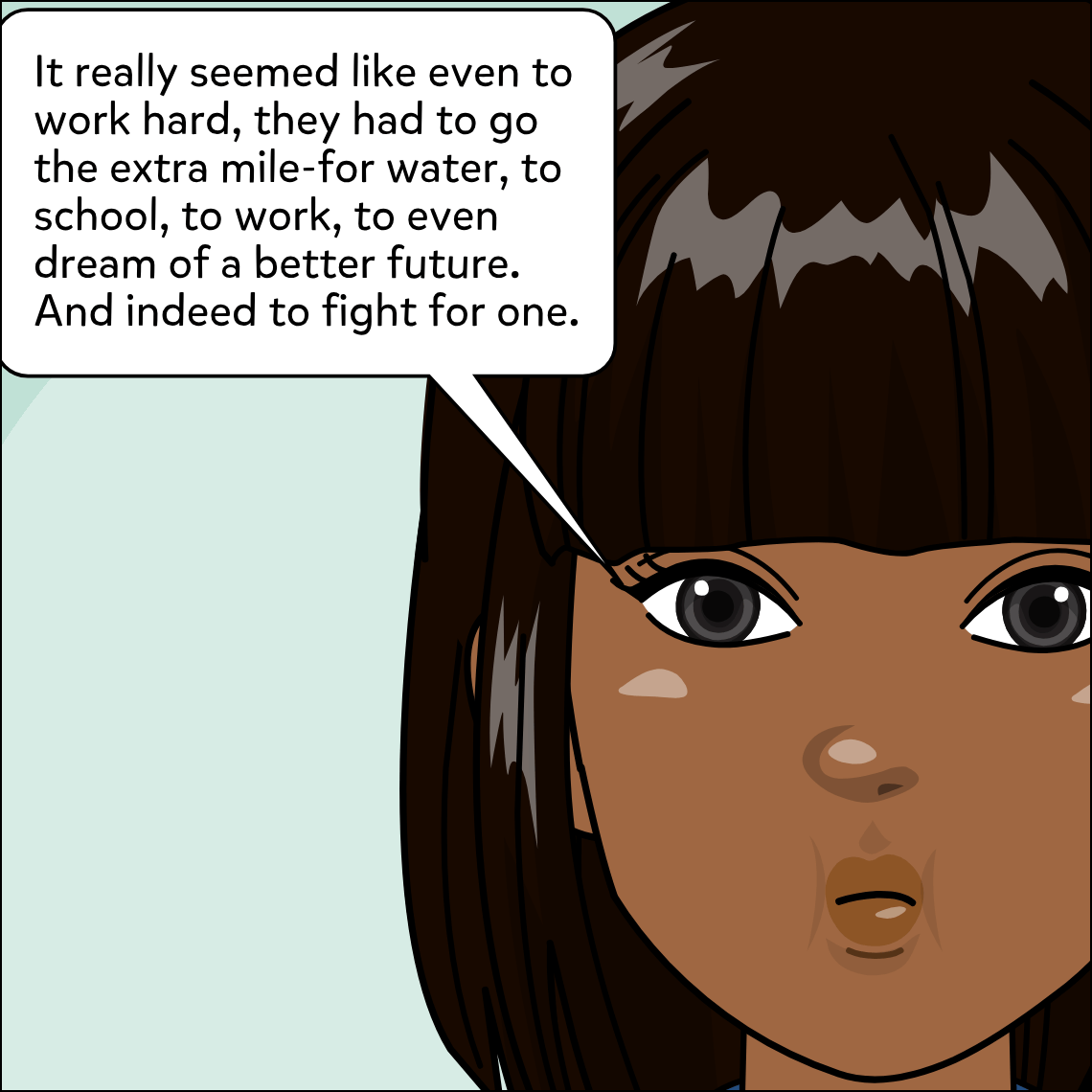 Close-up of Mughil's face, her eyes wide and her expression earnest as she continues speaking.