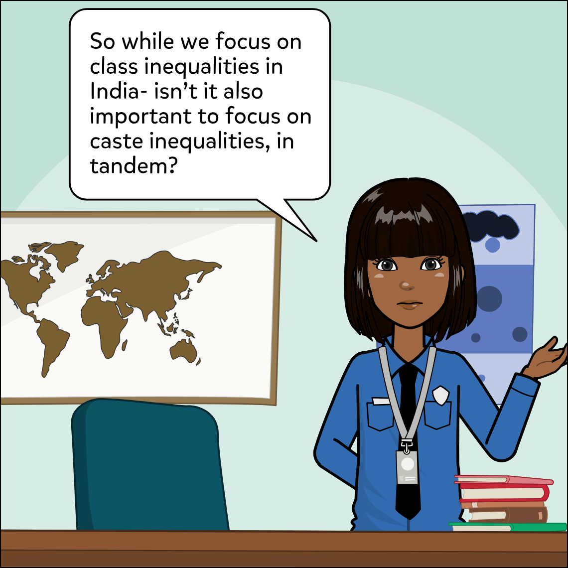 Mughil stands in the same classroom setting, gesturing with one hand while a world map and a bubble-chart infographic are visible on the wall behind her.