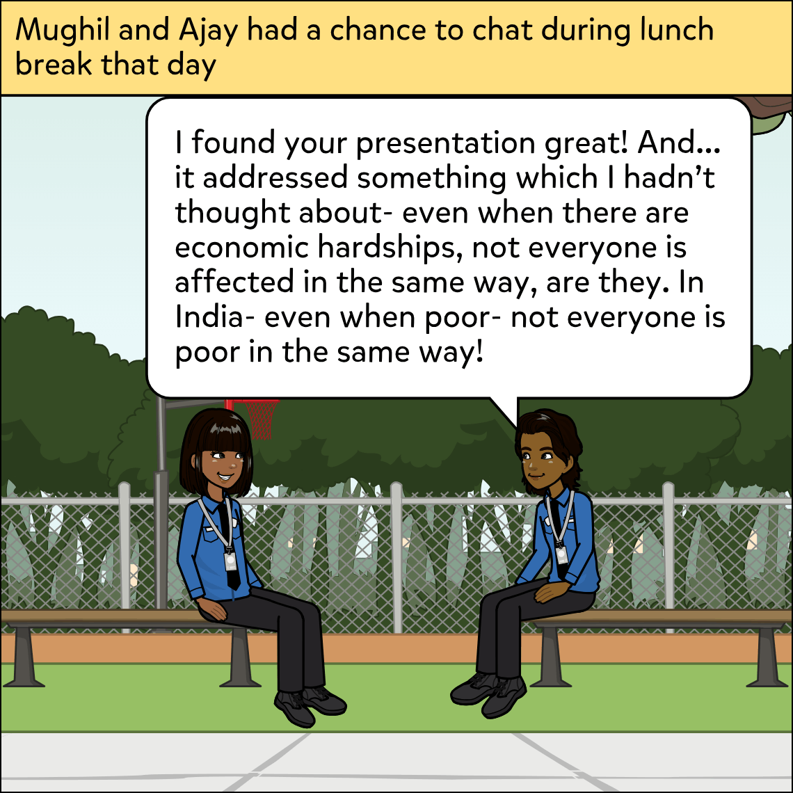Mughil and Ajay, both in blue uniforms, sit side by side on a bench in front of a chain-link fence and basketball court at lunchtime; Ajay speaks, turned toward Mughil.
