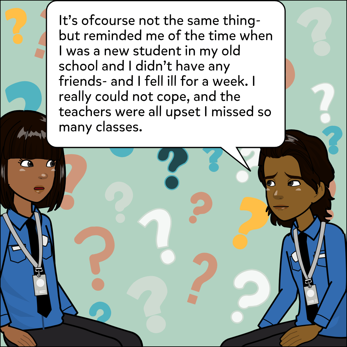 Mughil and Ajay face each other against a background scattered with colourful question marks in teal, coral, yellow and white; Mughil looks attentive, Ajay looks pensive.