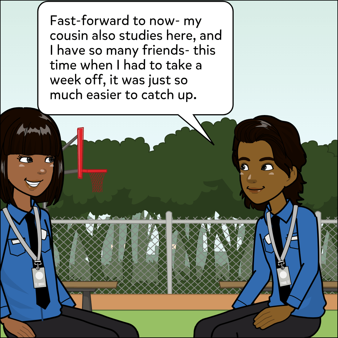 Mughil and Ajay sit on the bench by the basketball court, both smiling as Ajay continues his story.