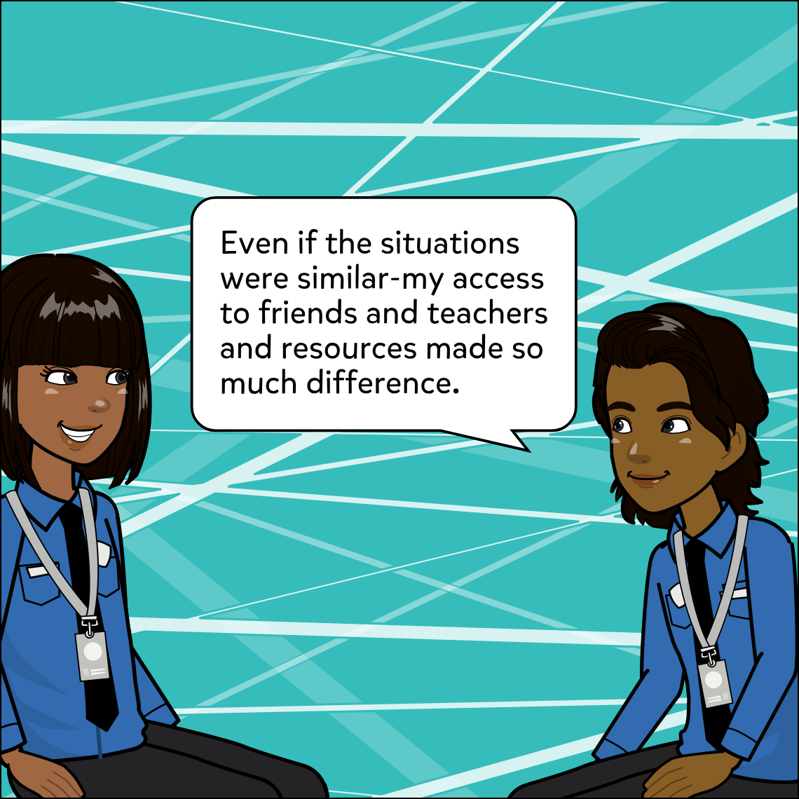 Mughil and Ajay sit facing each other against an abstract teal background criss-crossed with diagonal white lines, both smiling.