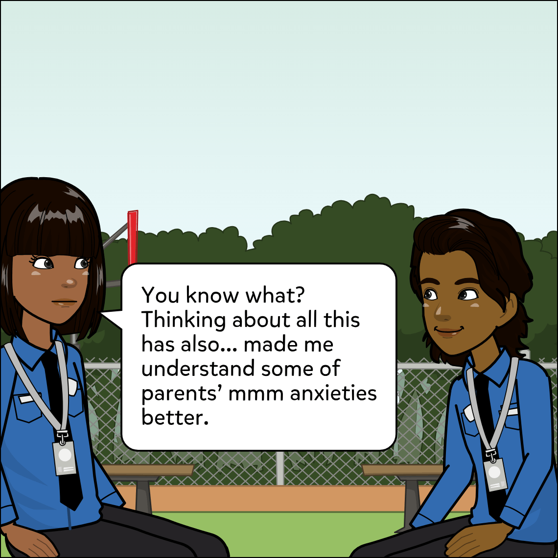 Mughil and Ajay sit on the bench by the basketball court; Mughil looks thoughtful as she speaks and Ajay listens.