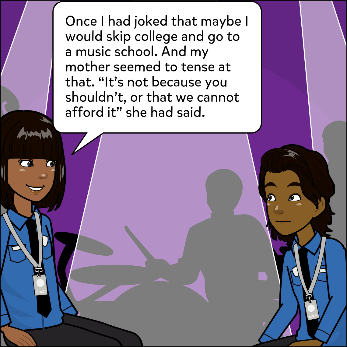 Mughil and Ajay sit against a purple spotlit background; between them a silhouette of a person playing drums is illuminated in the spotlight, evoking the music school Mughil mentions; Ajay looks contemplative.