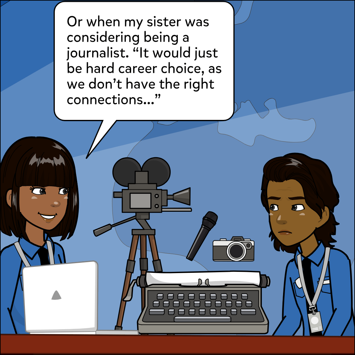 Mughil (with a laptop) and Ajay sit across a table from each other; between them are a vintage film camera on a tripod, a typewriter, a microphone and a camera, illustrating the journalism career under discussion.