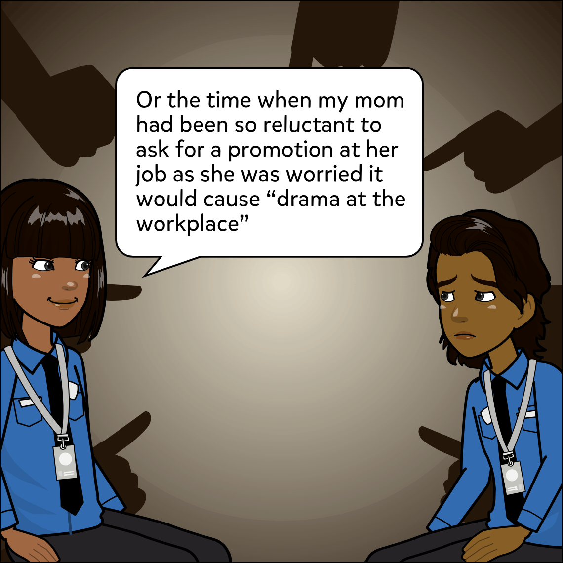 Mughil and Ajay sit facing each other against a dark brown background; large dark shadow hands reach in from all sides around them, while Mughil speaks with a slight smile and Ajay looks downcast.