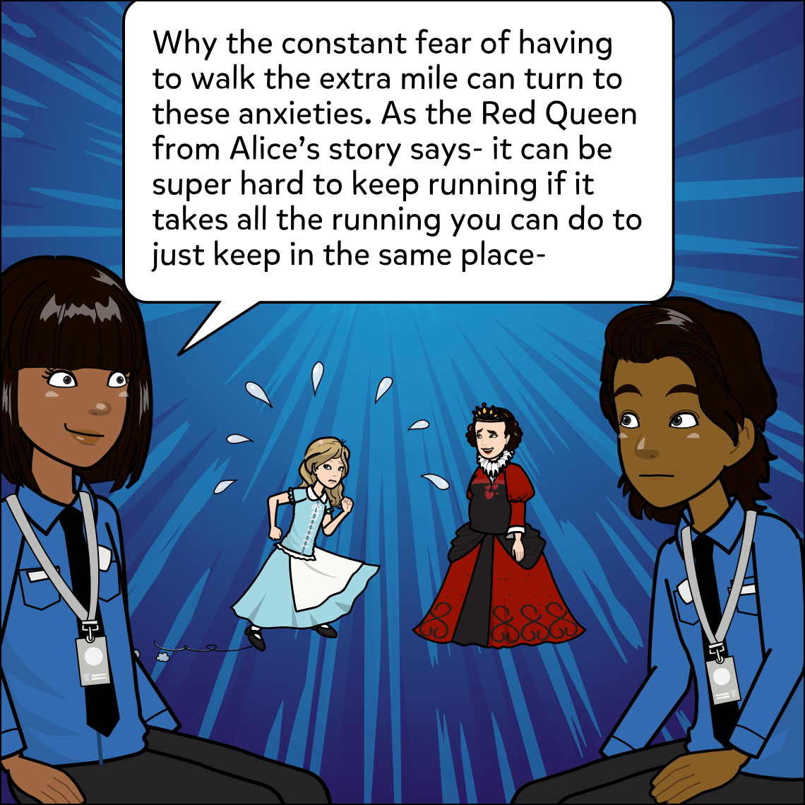 Mughil and Ajay sit against the blue radiating background; between them, small illustrations of Alice and the Red Queen from Alice in Wonderland depict the two figures running, visualising Mughil's analogy.