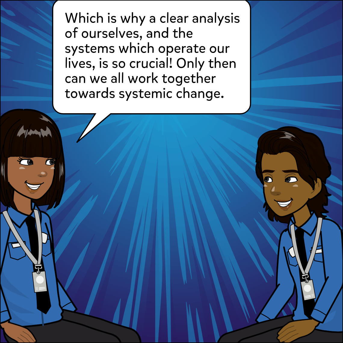 Mughil and Ajay sit against the blue radiating background, both smiling as Mughil makes her concluding argument.