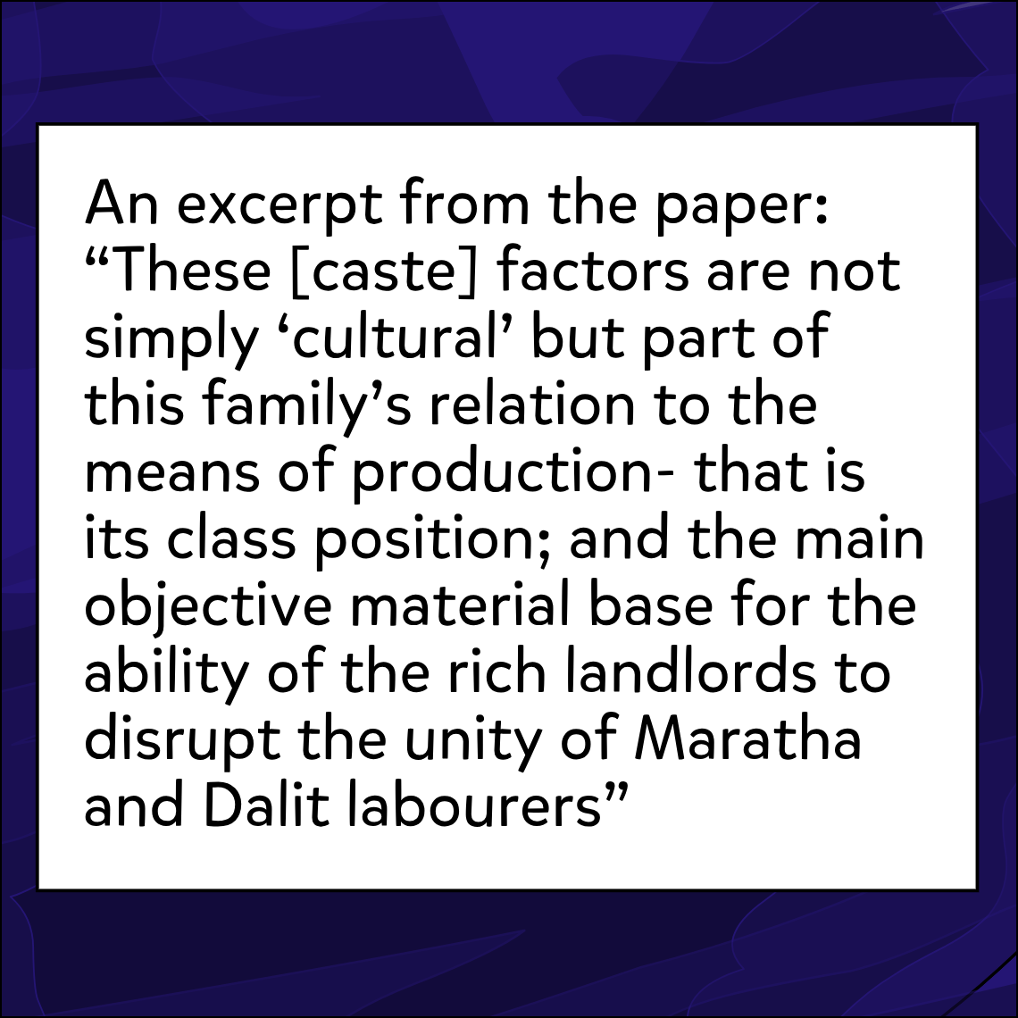 A text card on a dark indigo textured background, with a white rectangle containing a paper excerpt in black text.