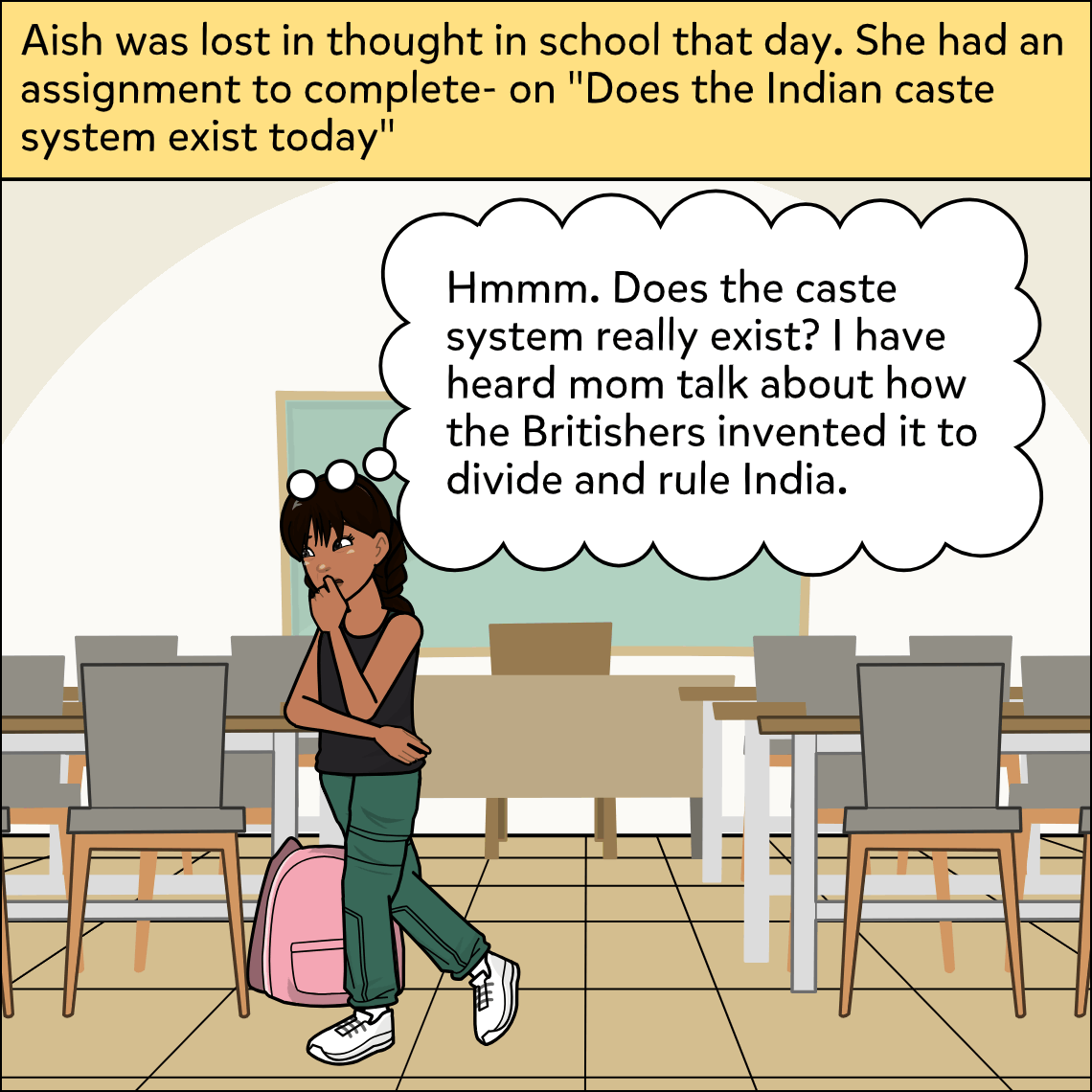 Aish stands alone in an empty classroom with a pink backpack, her glasses pushed up on her head and her hand raised to her chin in a thoughtful pose.