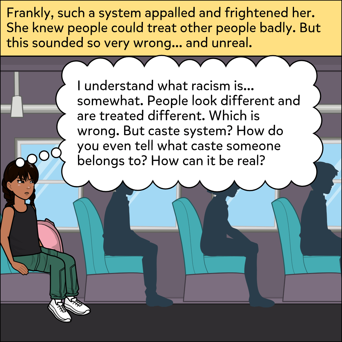 Aish sits on a bus among passengers shown only as dark silhouettes, her expression troubled and uncertain as she stares ahead.
