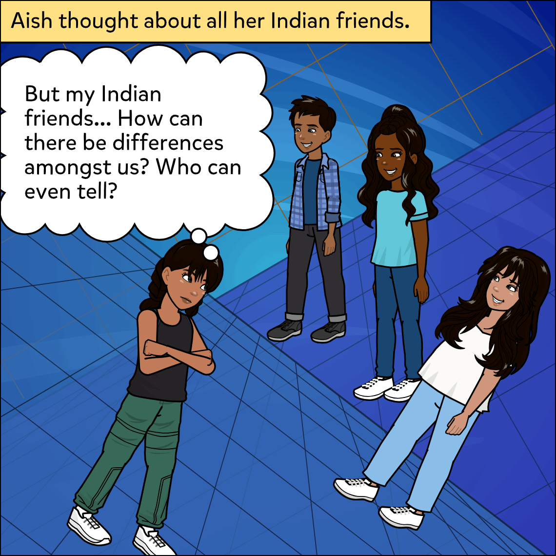 Aish stands with arms crossed and a skeptical expression, facing three smiling Indian friends on a bold blue geometric background.