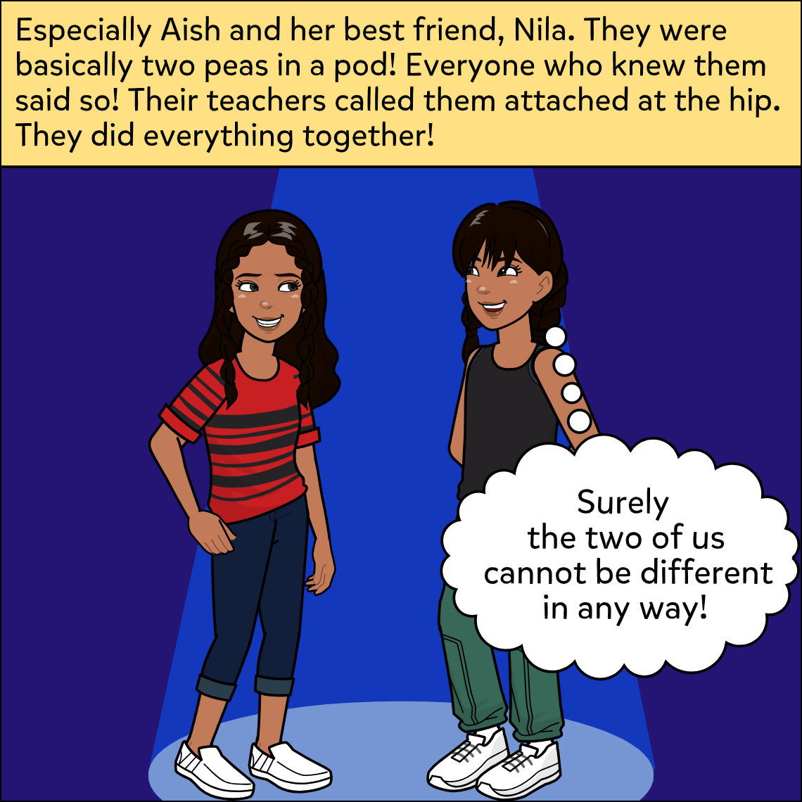 Nila in a red striped shirt and Aish stand together under a spotlight against a deep blue background, both smiling warmly at each other.