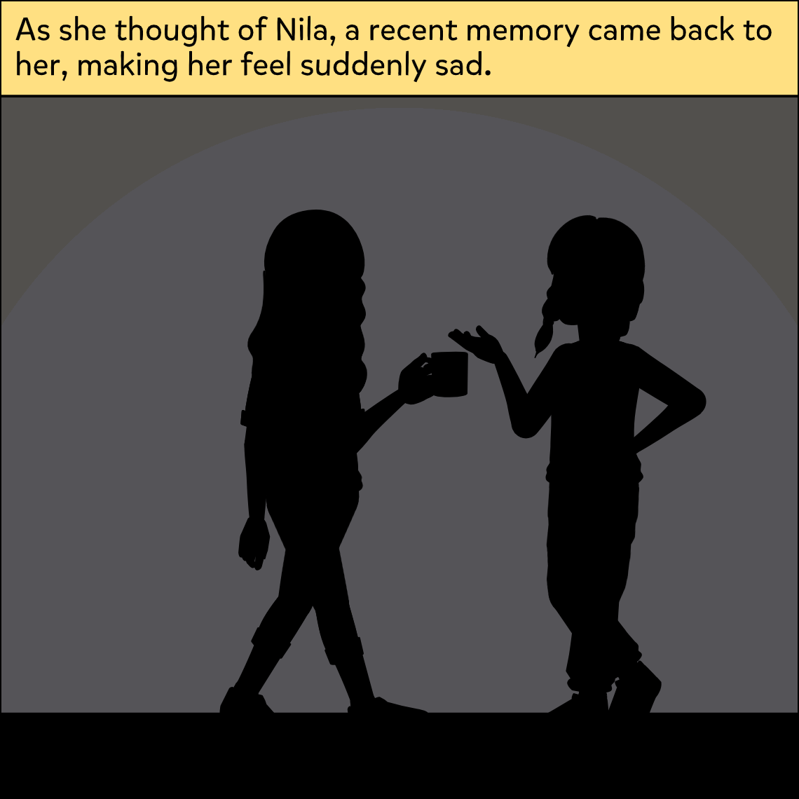 Two figures shown only as dark silhouettes — one with long hair handing a small mug to a shorter girl — lit by a circle of pale light against a grey background.