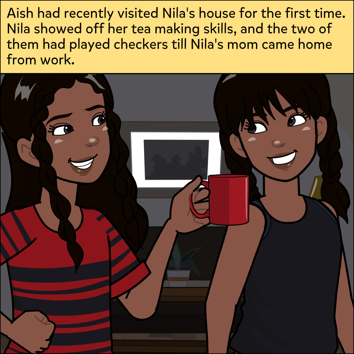Nila and Aish stand side by side in Nila's kitchen, both grinning broadly; Aish holds a large red mug.