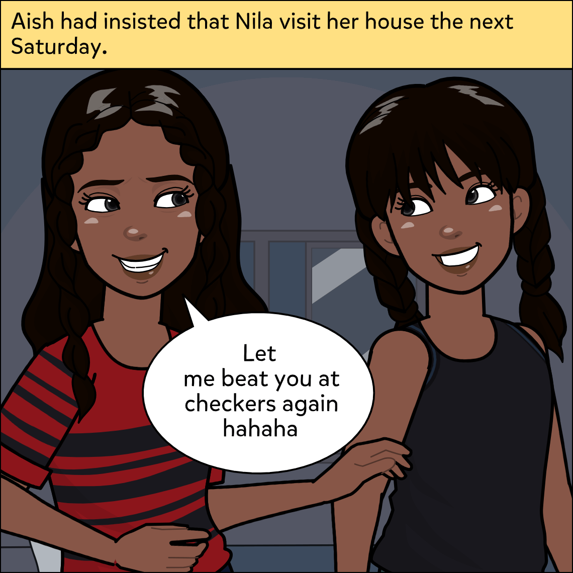 Nila and Aish stand close together laughing, Nila placing a friendly hand on Aish's arm.