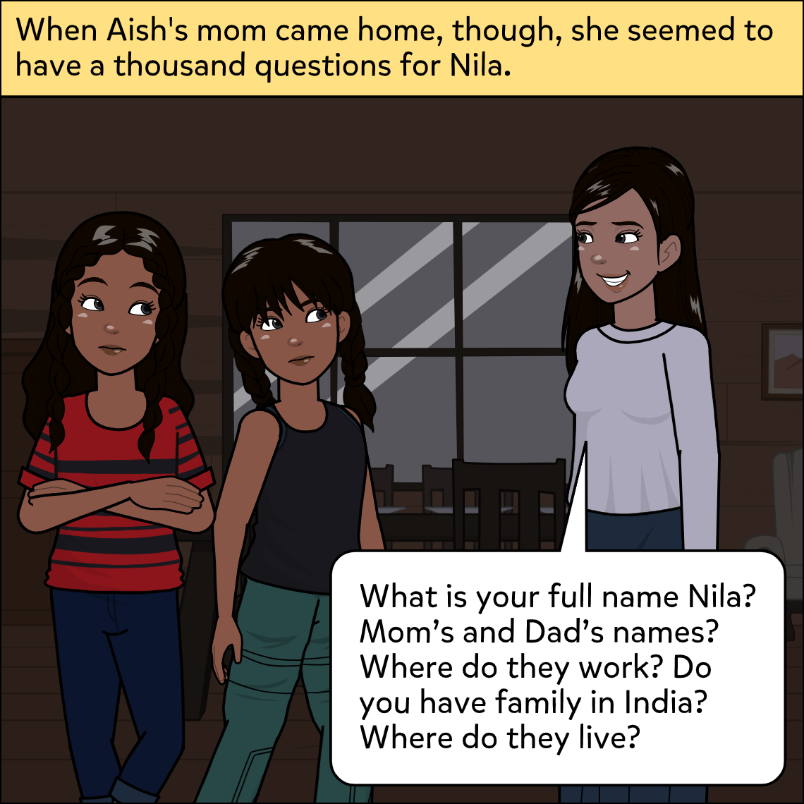 Aish stands between Nila and her own mom; Nila has her arms crossed and looks uncertain while Aish's mom faces her with a friendly but inquisitive expression.