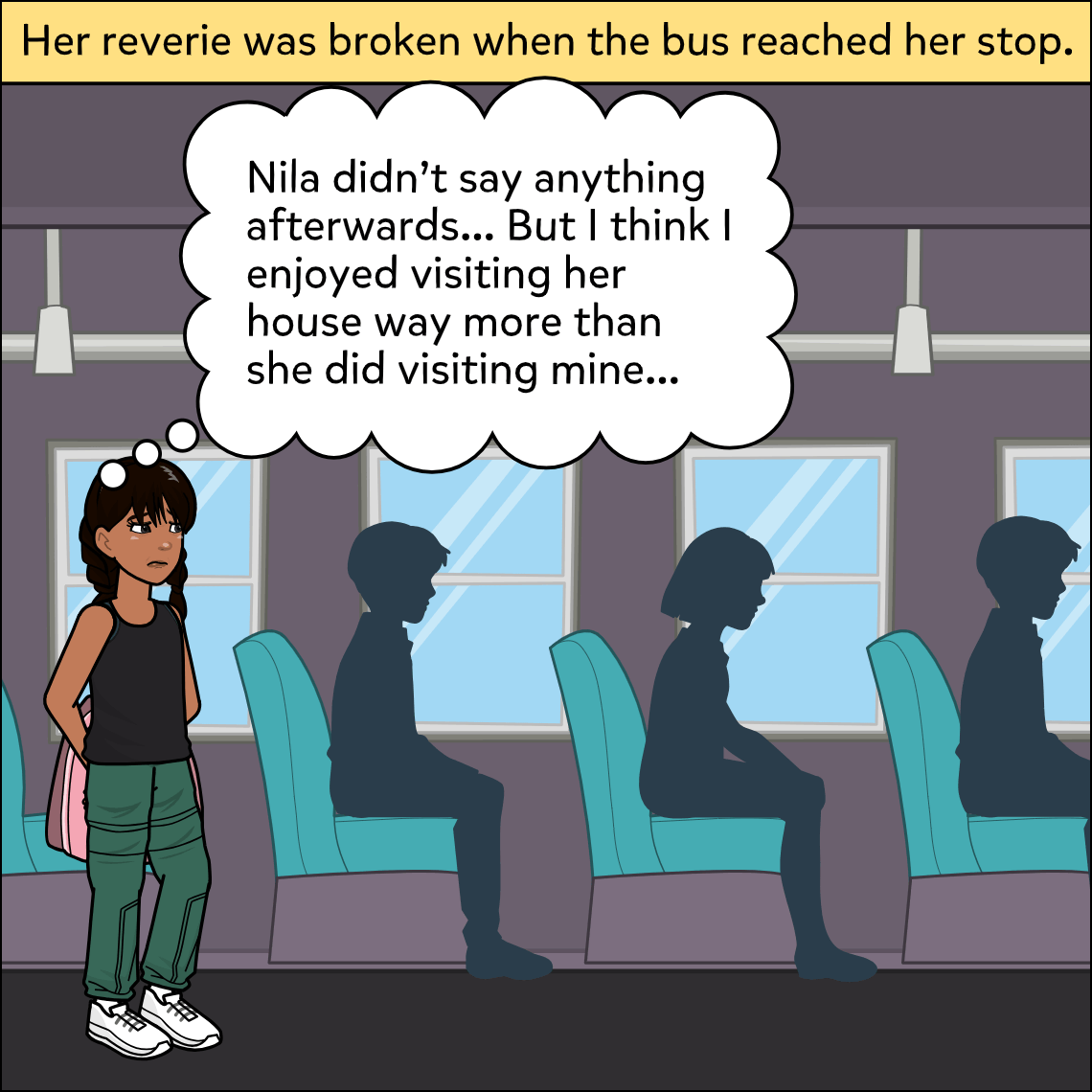 Aish stands in the bus aisle with her pink backpack, looking pensive and sad as the other passengers sit as dark silhouettes around her.