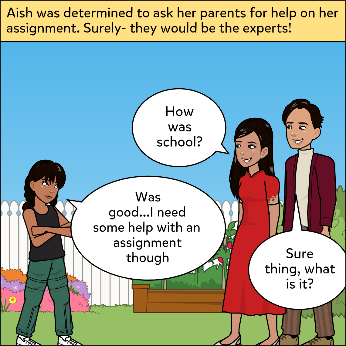Aish, arms crossed, faces her mother in a red dress and her father in a burgundy blazer in their sunlit backyard garden, a white picket fence and colourful flowers behind them.