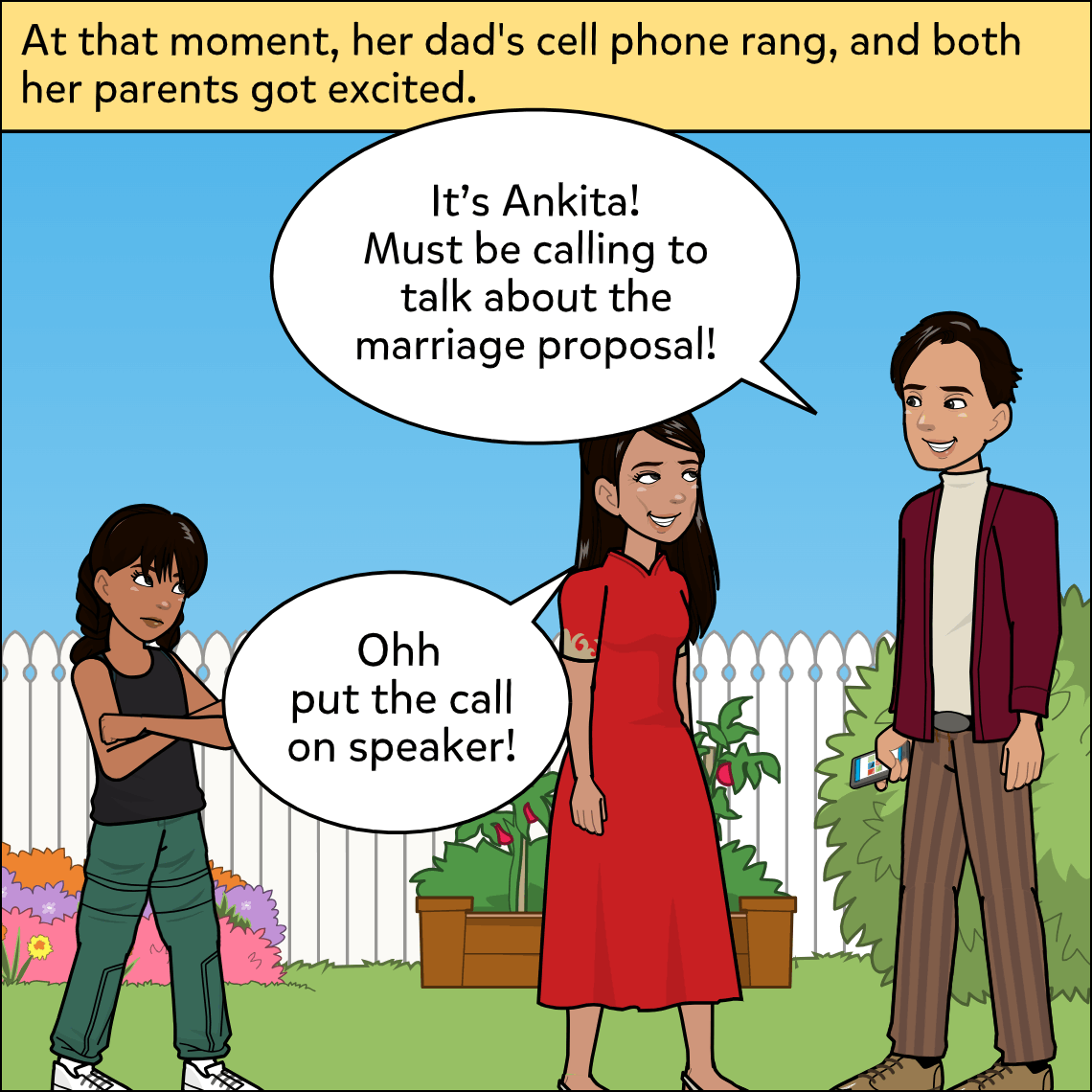 Aish watches with arms crossed as her excited mother exclaims and her father holds up his ringing phone in the backyard garden.