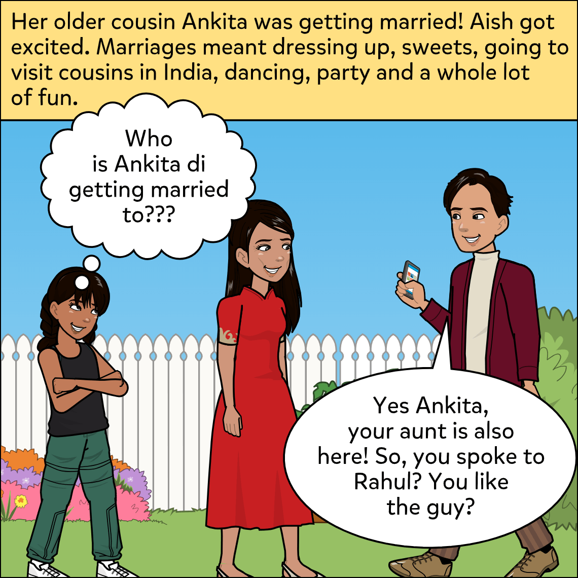 Aish smiles with a thought bubble while her parents engage in the phone call; her father holds the phone up and speaks into it with a grin.