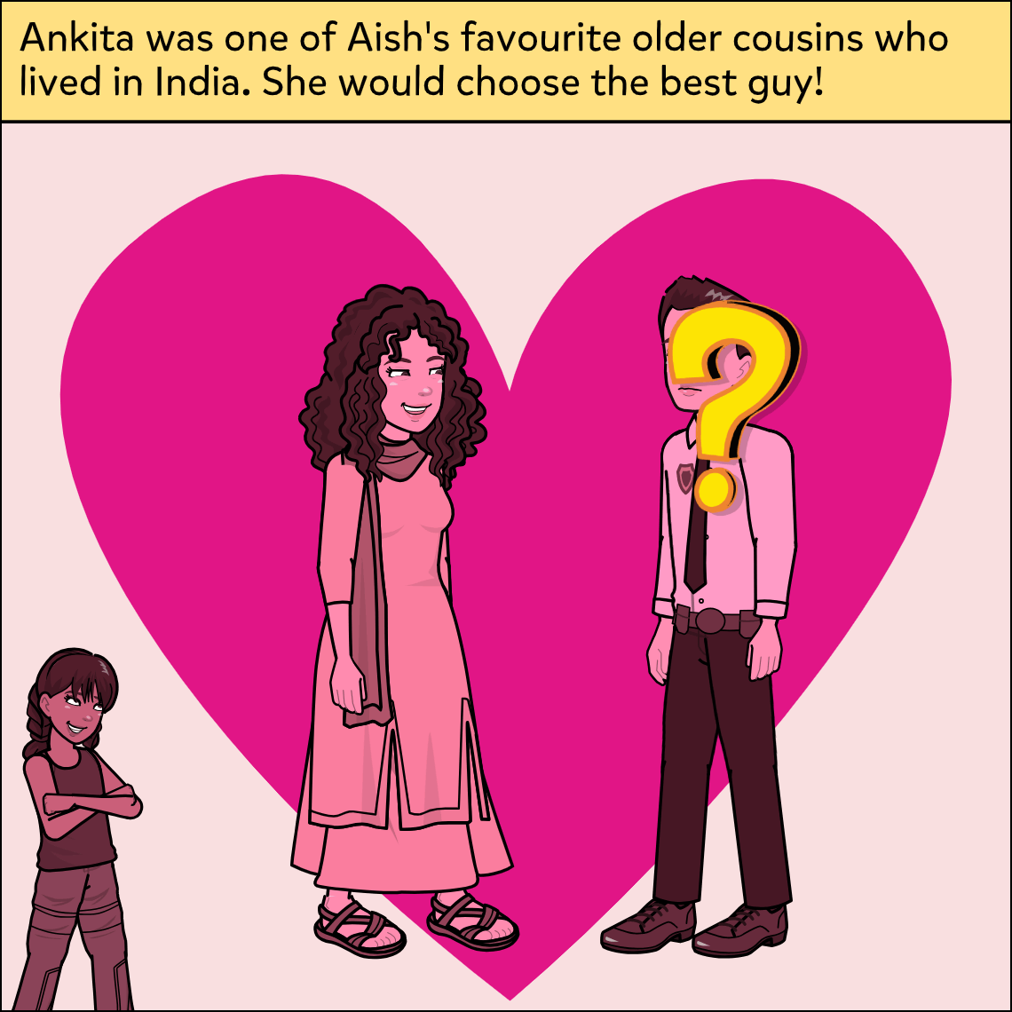 Inside a large pink heart, Ankita in a pink salwar kameez smiles at a man whose face is replaced by a large yellow question mark; Aish stands grinning in the bottom corner.