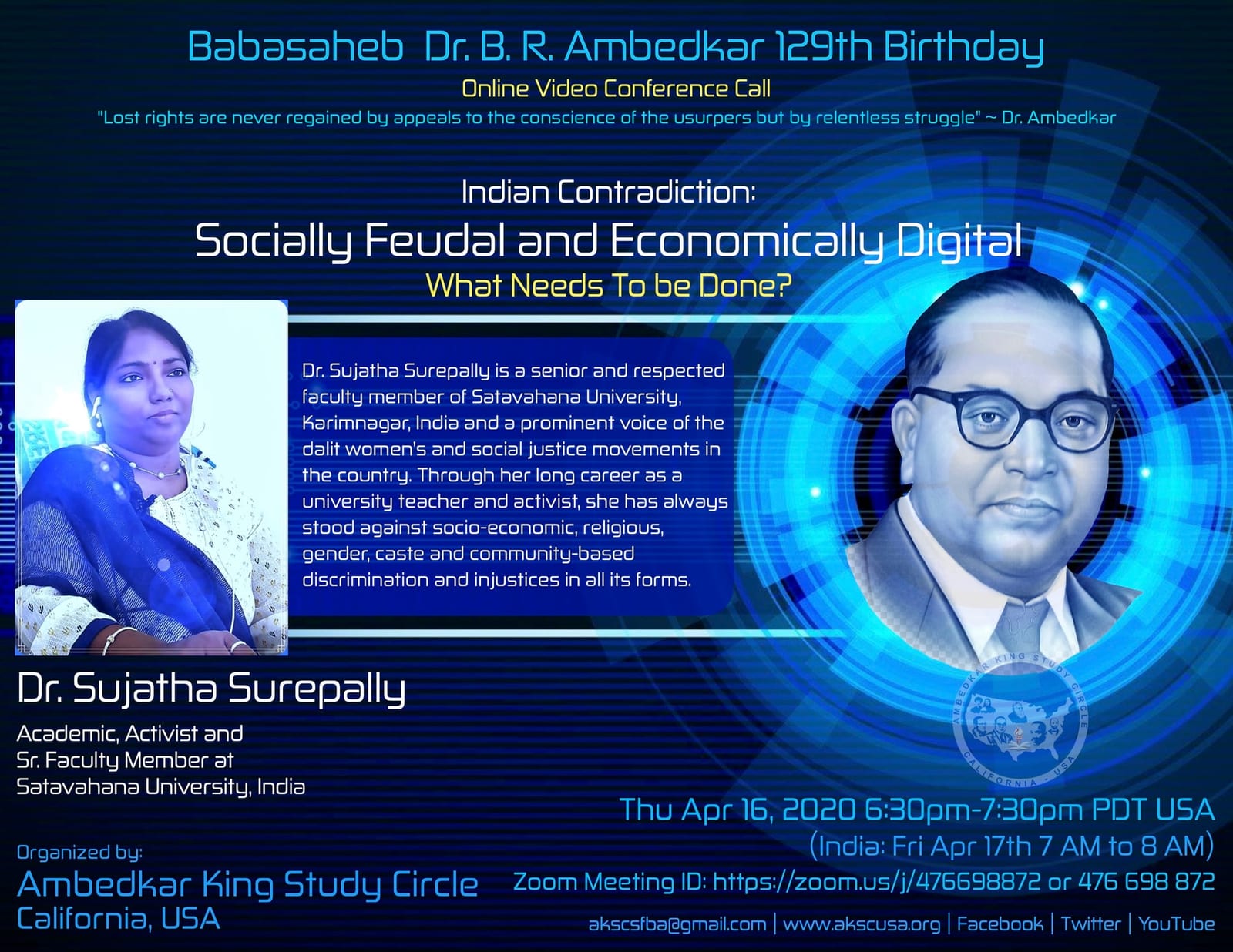 Blue-and-white flyer for Dr. Babasaheb Ambedkar's 129th birth anniversary celebration, showing his portrait and the Zoom event times in the United States and India.