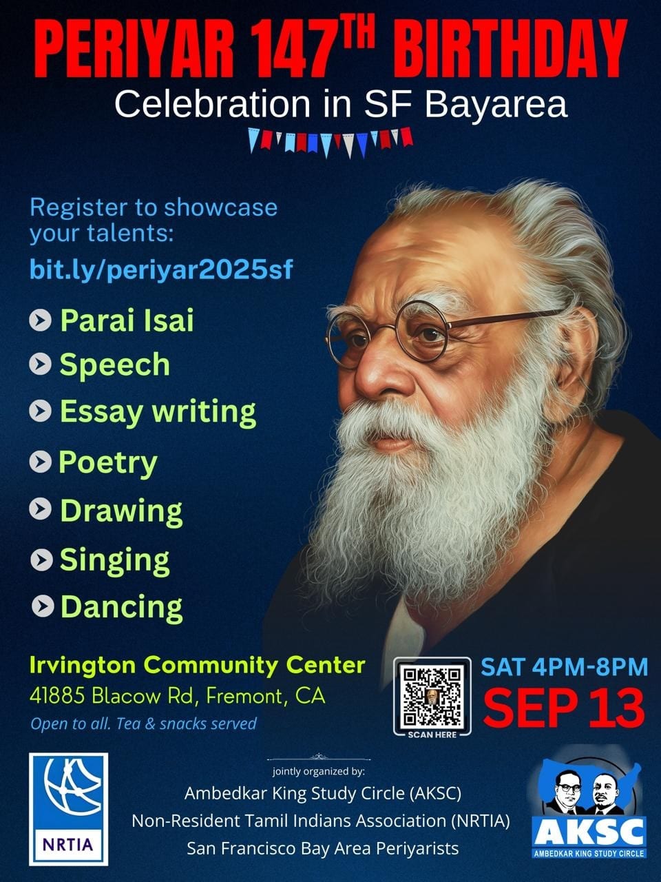 Poster inviting people to share speeches, music, songs, poetry, art, and essays at Periyar's 147th birth anniversary celebration.